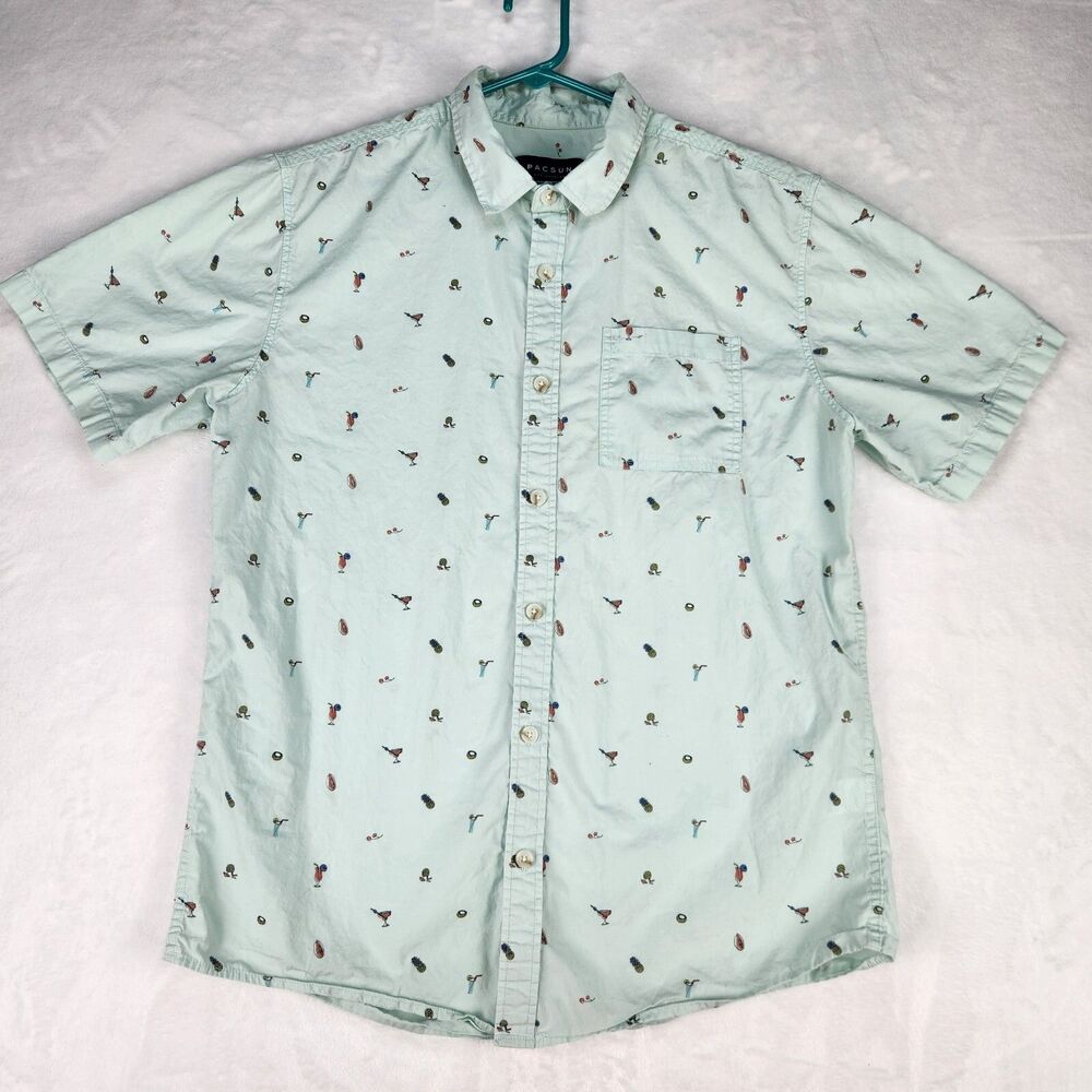 Pacsun Shirt Mens L Short Sleeve Button Up Green Cocktail Tropical Print Cotton